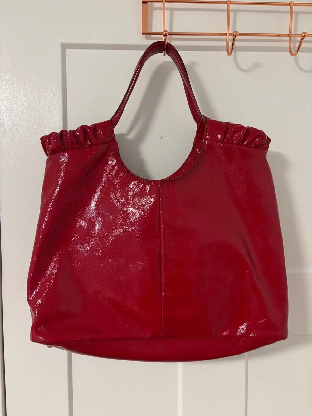 Yves Saint Laurent Red Patent Leather Ruffled Hobo Bag